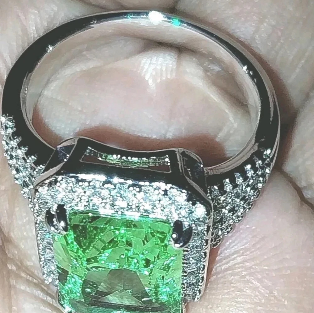 Women's Emerald Cut Green Peridot Halo Engagement Ring 14K White Gold Plated Sz9